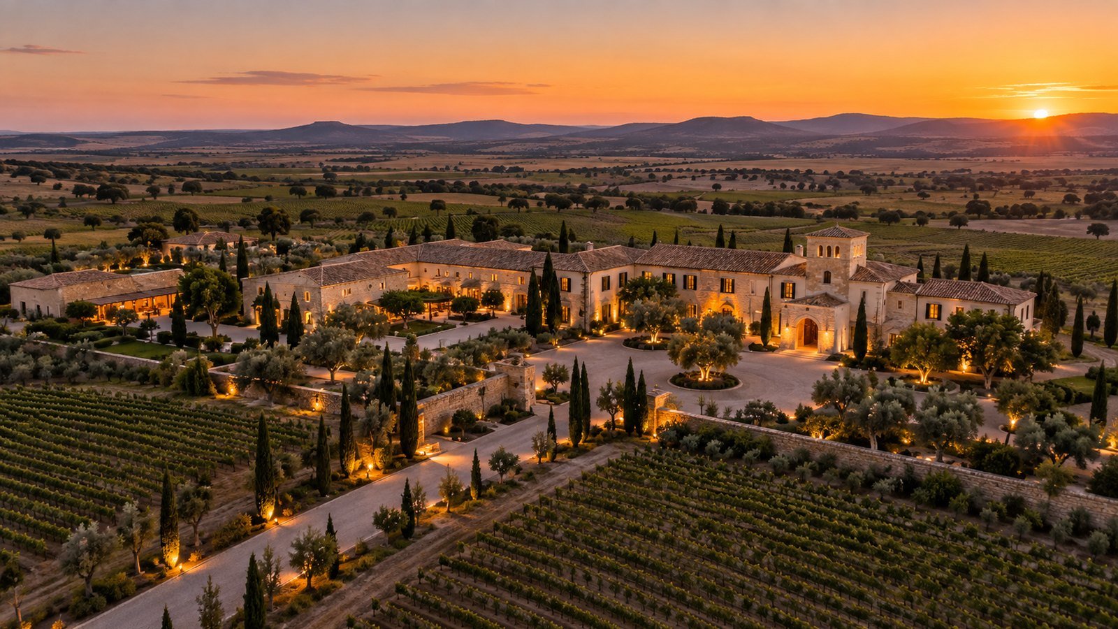 Finca entre viñedos y paisaje manchego al atardecer